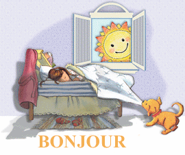 Gif animé bonjour sort du lit