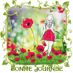 Gif animé bonne journée fille et coquelicots